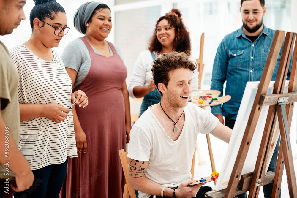 Aufkleber art, creative and group of painting students in studio together for education, learning or lesson. d