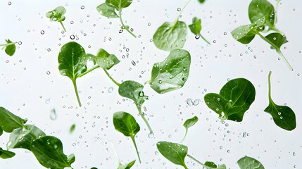 Crispy watercress leaves with droplets suspended in mid-air against a spotless white background