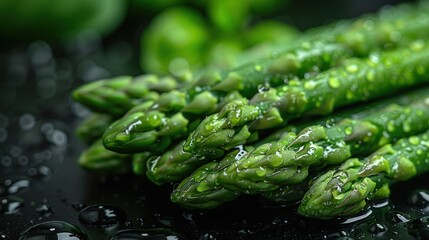 A pile of fresh green asparagus against black background, with water droplets on the edges.