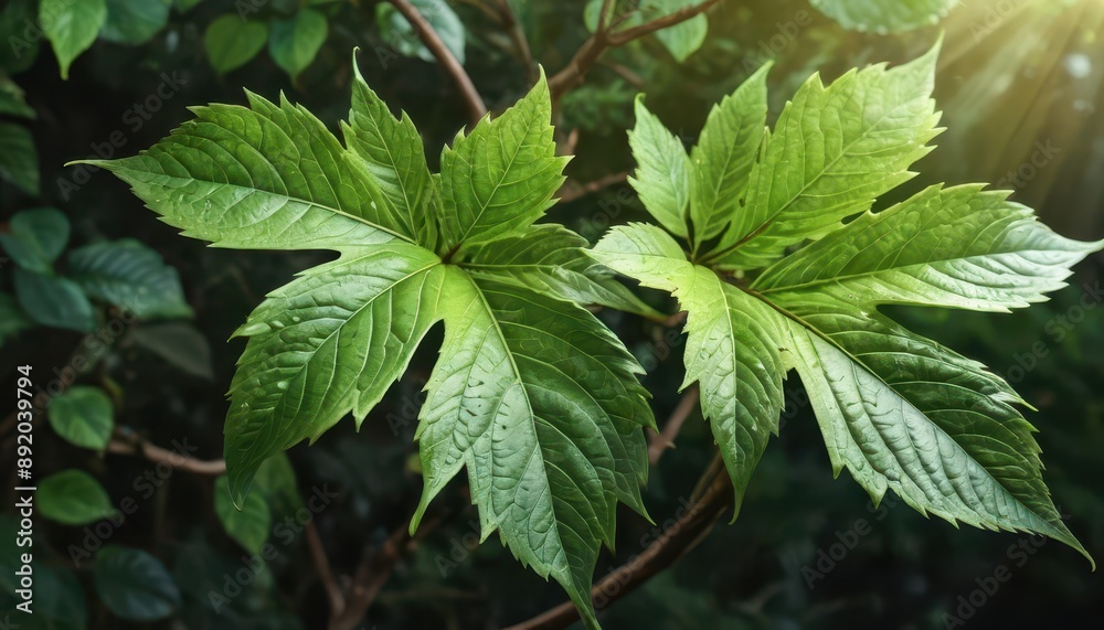 Sticker green leaves with sunbeams.