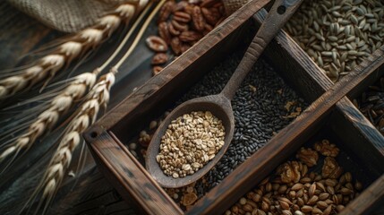 Grains seeds and cereals on vintage spoon in wooden box Bird s eye view Rustic touch