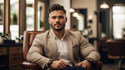Caucasian man with stylish hair and beard sits in barber chair dressed in blazer and white shirt