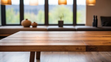Close-up of wooden table in bright room with window view