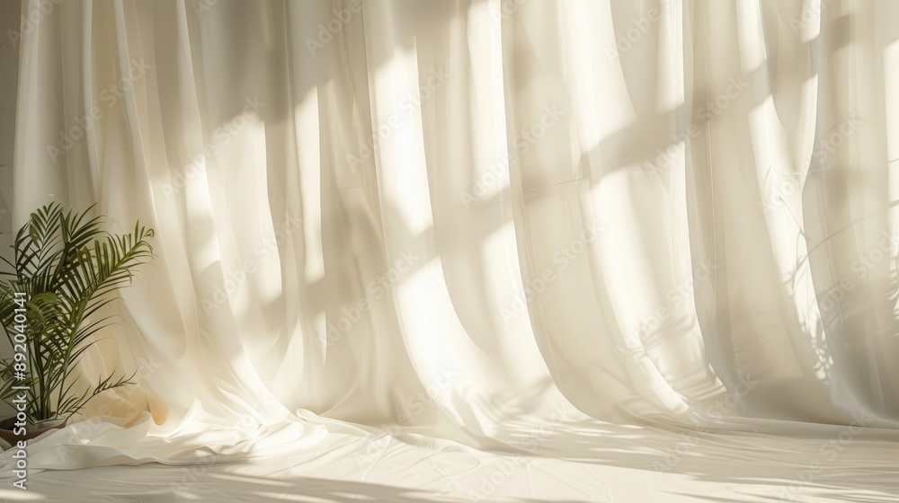 Wall mural light and shadows on white wall from curtain and objects sunlight space for text