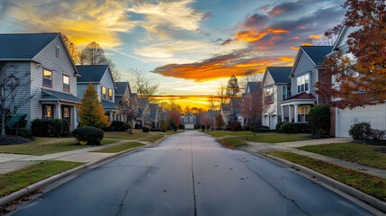 Cul de sac classic dead end street surrounded by luxury two story single family homes in new residential East Coast USA real estate suburban neighborhood dramatic colorful yellow orange sunset sky