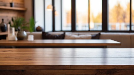 Close-up of smooth brown wooden table top against blurry background of cafe interior