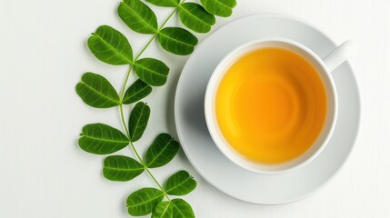 A cup of moringa tea in a white cup, accompanied by fresh moringa leaves, highlighting natural health and wellness.