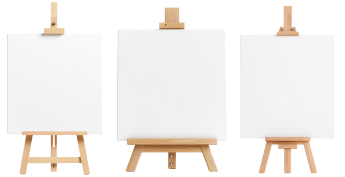 Empty canvases on wooden easels, awaiting creativity, minimalist design, potential for artistic expression, showcases of inspiration and imagination. isolated on white background