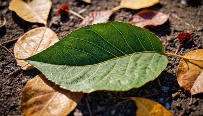 Green Leaf on Ground with Autumn Leaves.