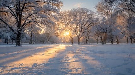 A serene winter landscape, with a blanket of pristine snow covering the ground and frost-covered trees. The golden hues of the early morning sun gently illuminate the scene.