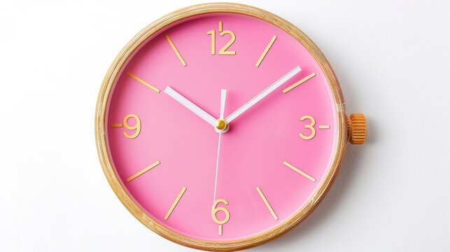 Clock showing time 10 past 12 or 10 00 AM PM pink face on white background