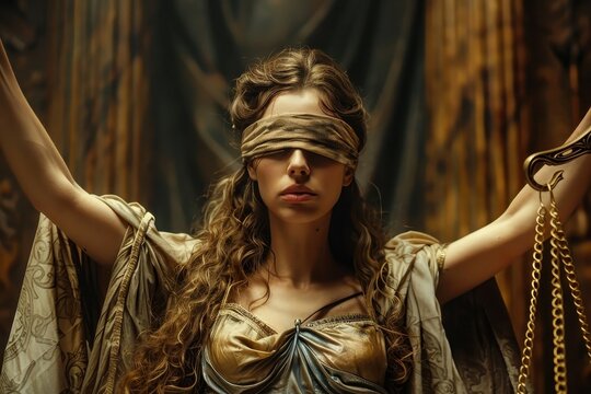 A powerful image of Lady Justice, blindfolded and holding scales and a sword, symbolizing fairness and justice.
