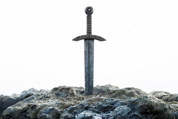 Isolated Excalibur Sword in Stone with White Blank Background Generative Illustration