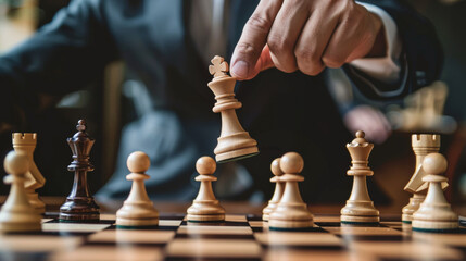 A man is playing chess with a wooden chess piece