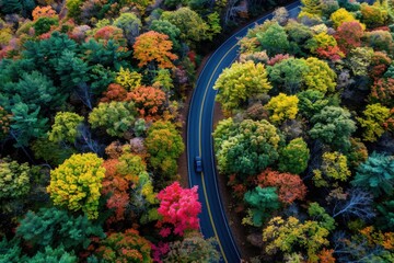 6. An aerial view of a car driving through a dense forest with autumn-colored leaves and a winding path