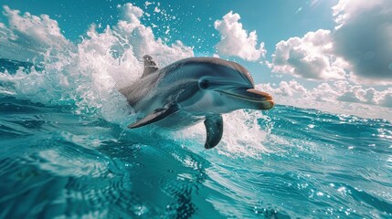Fototapeta premium A playful dolphin playfully splashes in the clear blue water of an exotic island's lagoon.