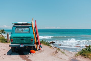 A beachside road trip with a car parked near the shore, surfboards leaning against it, and waves crashing nearby --ar 3:2 