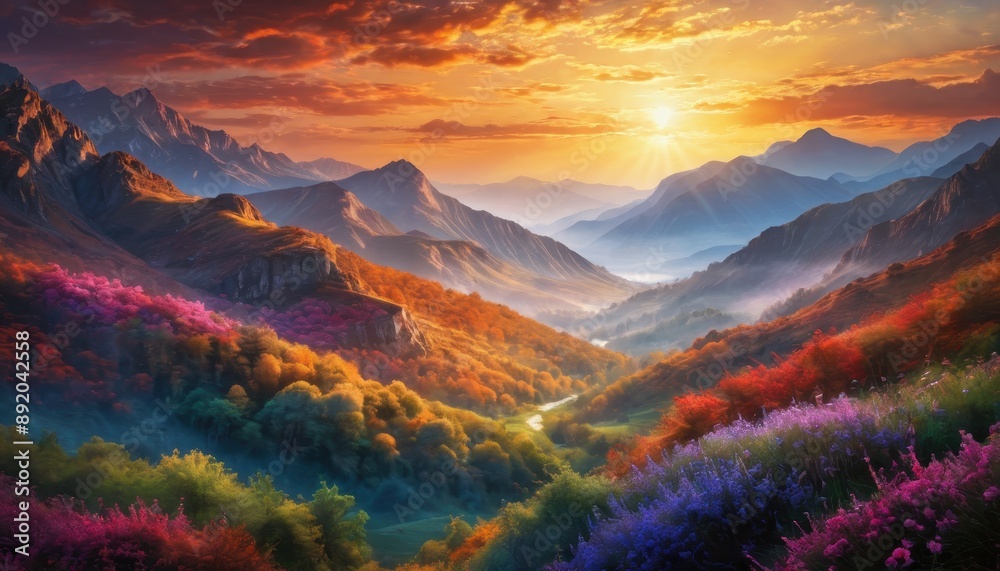 Wall mural mountain valley sunrise.