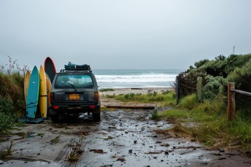 A beachside road trip with a car parked near the shore, surfboards leaning against it, and waves crashing nearby --ar 3:2