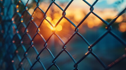Fototapeta premium Chain-link fence, macro shot, shallow depth of field, golden hour lighting, soft focus, blue sky background, metal texture, geometric patterns, diagonal composition, warm tones.