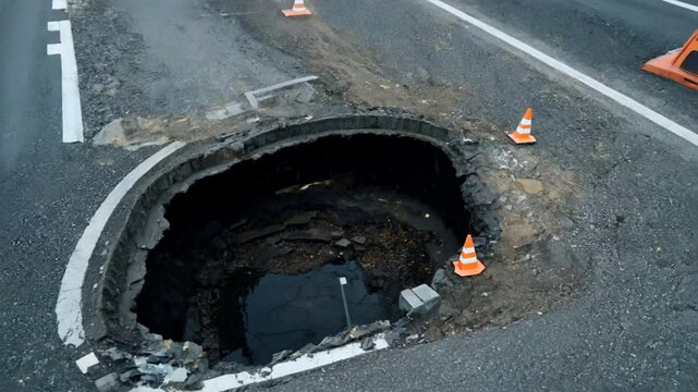 Deep sinkhole on a street city and orange traffic cone. Dangerous hole in the asphalt highway. Road with cracks. Bad construction. Damaged asphalt road collapse and fallen