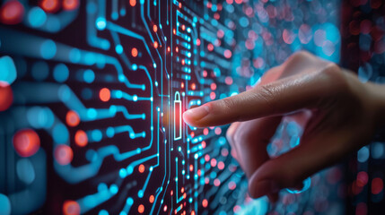 A hand is pointing to a red button on a computer screen