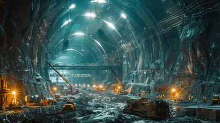 A tunnel construction site at night, with an engineer overseeing operations under bright industrial lights, surrounded by workers and heavy equipment.