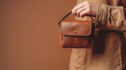 Closeup shot of a woman's hand holding small leather brown purse. Space for text