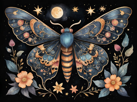 abstract glowing Mystic watercolor moth illustration with texture.with folk florals leaves moon stars celestial elements on dark black background