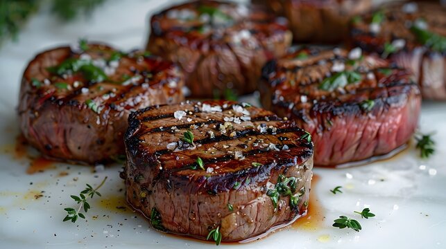 Grilled beef filet mignon steaks, medium rare, juicy center, seared exterior, white marble countertop, fresh herb garnish, coarse salt flakes, olive oil sheen.