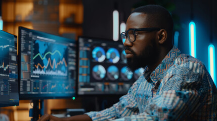 He is wearing glasses and he is focused on the numbers