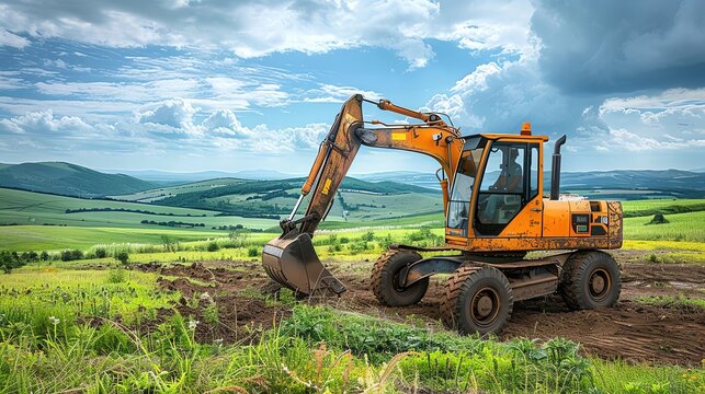 A Backhoe Vibro on a greenfield construction site with grassy fields and distant hills,