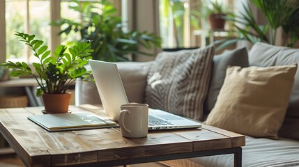 Fototapeta premium Cozy Home Office with Laptop, Plants, and Natural Light.