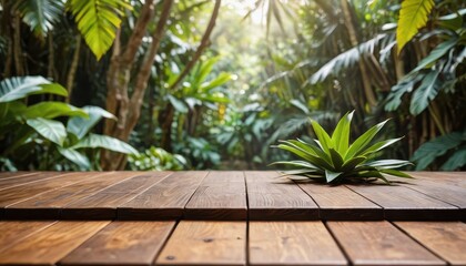 Obraz premium Wooden Table with Green Tropical Plant and Blurred Background.
