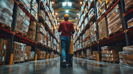 A warehouse worker using hand trucks to move boxes, with a supervisor checking inventory on a tablet nearby.