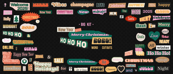 Naklejka premium Retro collage magazine cutout words with a Christmas and New Year's theme. Vintage various clipping scrapbook text elements with a paper edge ripped. Trendy ransom letters for grunge design. 