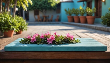 Pink Flowers on a Wooden Tabletop.