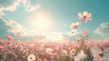 Pink Cosmos Flowers Field with Sunburst and Blue Sky