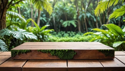 Wooden Platform with Moss Border in a Lush Tropical Garden.