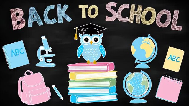 Back to school poster illustration. An owl wearing a graduation cap, stacked books, a globe, a microscope, a telescope, a backpack, and school supplies against dark background