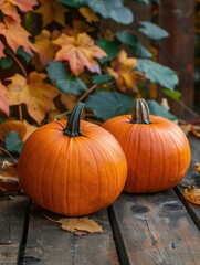 Two Pumpkins on a Wooden Deck with Autumn Leaves