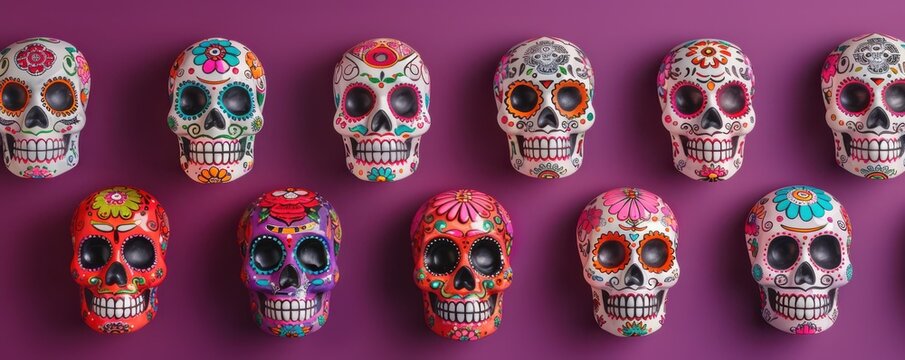 Colorful decorative skulls arranged in a row against a vibrant purple background, embodying cultural artistry and celebration.