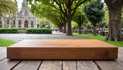 Wooden Table Top With Blurred Church and Green Park in Background.