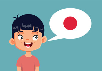 Happy Boy Speaking Japanese Vector Cartoon Character. Little student learning a new foreign language 
