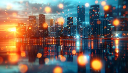 Obraz premium Sunset cityscape with digital bokeh lights