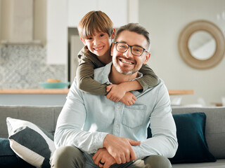 Sofa, son and hugging father in portrait, peace and single parent love for boy in living room. Daddy, kid and embrace for security on couch for care in childhood, relationship and comfortable home