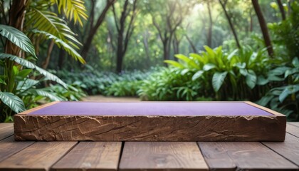 Fototapeta premium Wooden Platform with Purple Surface in Front of a Lush Green Forest.
