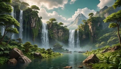 Obraz premium Lush Rainforest Waterfall Landscape.