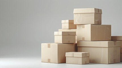 Obraz premium Stacked cardboard boxes, various sizes, pristine condition, soft gray background, minimalist composition, clean lines, subtle shadows, matte finish, neutral tones, moving day concept.