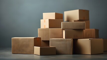 Stacked cardboard boxes, various sizes, pristine condition, soft gray background, minimalist composition, clean lines, subtle shadows, matte finish, neutral tones, moving day concept.